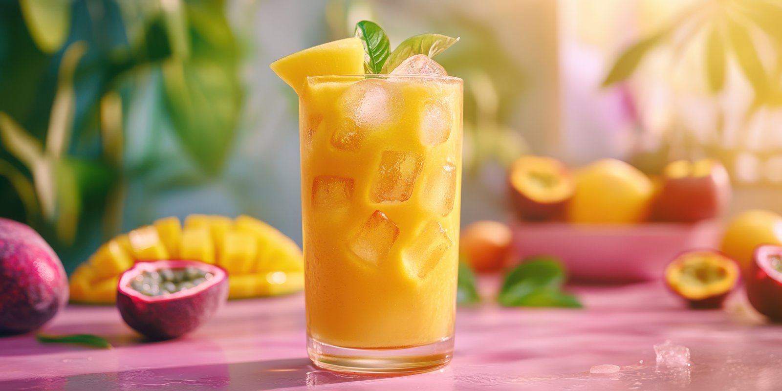 Refreshing mango and passion fruit cocktail garnished with mint on a bright tropical table
